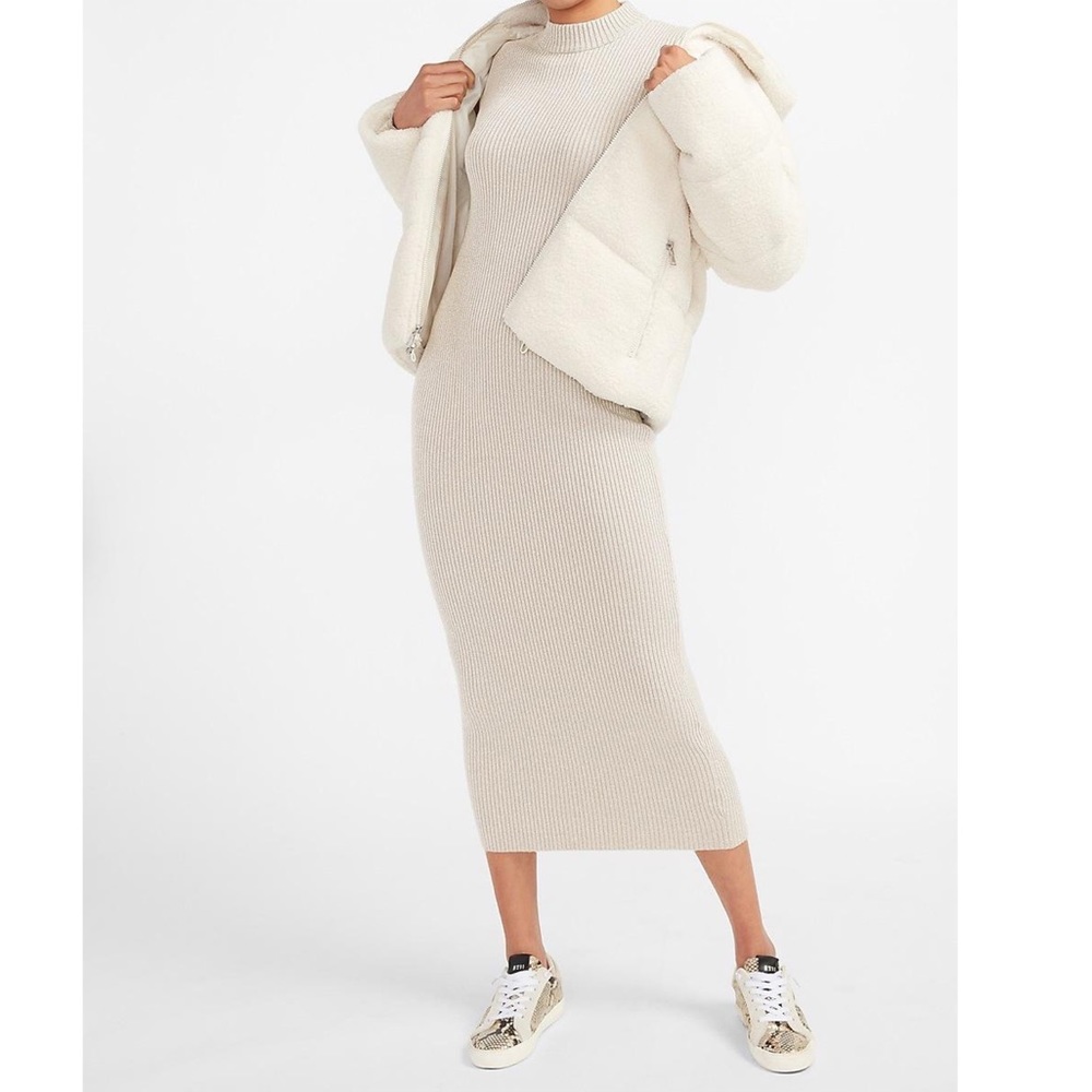 Express Metallic Ribbed Cap Sleeve Maxi Sweater Dress in Neutral
